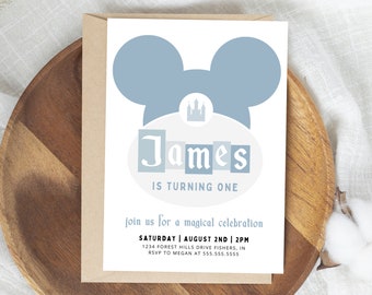 Vintage Disney Birthday Invitation, Vintage Theme Park Birthday Invite, Magic Castle Birthday, Personalized Invitation, Digital Download