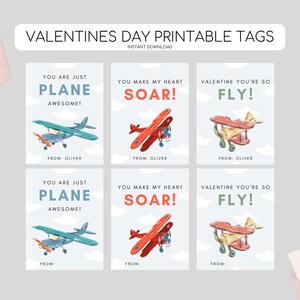 May include: Six printable Valentine's Day tags featuring a cartoon aeroplane with different messages. The messages include "You are just plane awesome!" "You make my heart soar!" and "Valentine you're so fly!"