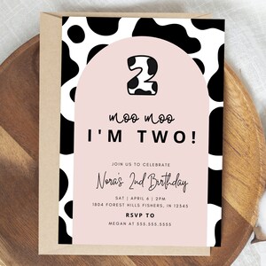 Moo Moo I&#39;m Two Birthday Invitation, Cow Second Birthday Invitation, Cow 2nd Birthday, Editable Template, Instant Download
