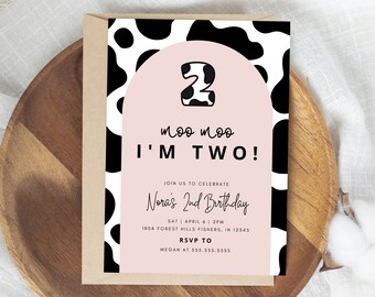 Moo Moo Soy dos invitación de cumpleaños, invitación de segundo cumpleaños de vaca, segundo cumpleaños de vaca, plantilla editable, descarga instantánea