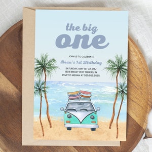 The Big One Surf Invitation, Boho Retro Surfing Invitation, Surfing First Birthday Party, Editable Template, Instant Download