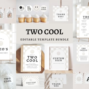May include: A printable set of editable templates for a "Two Cool" themed first birthday party. The set includes a welcome sign, a time capsule, a food tent sign, a custom sign, thank you cards, and other decorations. The design features a black and white checkered pattern with a smiley face graphic.