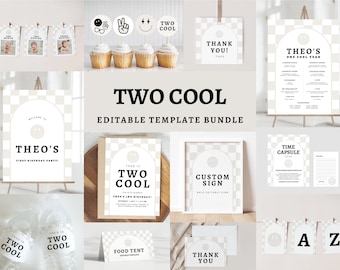 May include: A printable set of editable templates for a "Two Cool" themed first birthday party. The set includes a welcome sign, a time capsule, a food tent sign, a custom sign, thank you cards, and other decorations. The design features a black and white checkered pattern with a smiley face graphic.