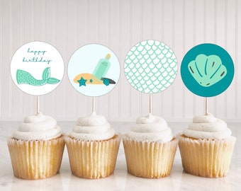 Mermaid Birthday Party Cupcake Toppers, Under The Sea Birthday Party Decorations, Girl Birthday Party, Instant Download