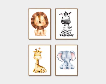 Safari Nursery Print, Safari Animal Prints, Nursery Wall Art, Safari Nursery Decor, Safari Set Of 4, Safari Wall Decor, Instant Download