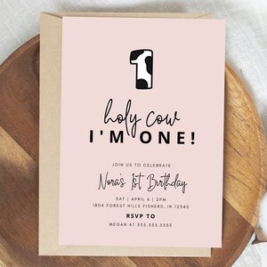 Holy Cow Birthday Invitation, Cow First Birthday Invitation, Holy Cow I&#39;m One Invite, Farm 1st Birthday, Editable Template, Instant Download