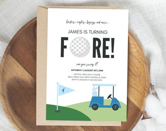 Boy Golf Fore Birthday Invitation, Boy Golf 4th Birthday Invite, Blue Golf Boys Birthday Party, Editable Template, Instant Download