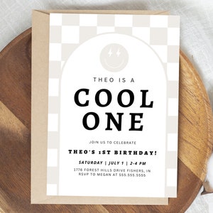 One Cool Dude Birthday Invitation, Boy First Birthday Party, Modern Cool Smiley Checkered Invitation, Editable Template, Instant Download