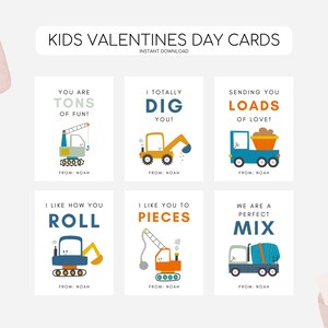 May include: Six printable Valentine's Day cards featuring construction vehicles with cute messages like "You are tons of fun!" and "I totally dig you!" Each card has a different vehicle and message. The cards are designed for children and are perfect for sharing with friends and classmates.