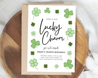 Lucky Charm Birthday Invitation, St. Patricks Day Birthday Invite, Shamrock Birthday Party, Our Lucky Charm, Editable Instant Download