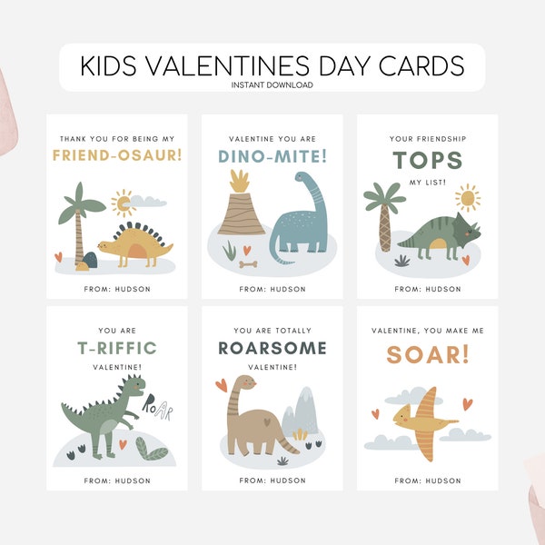 Kids Dinosaur Valentines Day Cards, Printable Valentines Day Tags, Kid Vday Dinosaur Tag, Modern Dino Valentines, Editable Instant Download