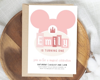 Vintage Disney Birthday Invitation, Vintage Theme Park Birthday Invite, Magic Castle Birthday, Personalized Invitation, Digital Download