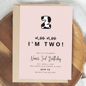 Moo Moo I&#39;m Two Birthday Invitation, Cow Second Birthday Invitation, Cow 2nd Birthday, Editable Template, Instant Download