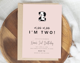 Moo Moo Soy dos invitación de cumpleaños, invitación de segundo cumpleaños de vaca, segundo cumpleaños de vaca, plantilla editable, descarga instantánea
