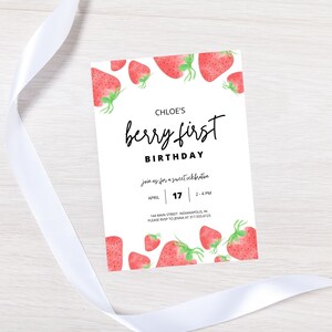 Berry First Birthday Party Invitation, Printable Strawberry Birthday Party Invite, Sweet Celebration Birthday, Editable Instant Download
