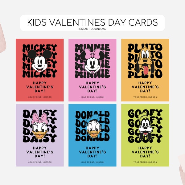 Mickey and Friends Valentines Day Cards, Printable Valentines Day Tags, Mickey Mouse Tag, Modern Mickey Valentine, Editable Instant Download