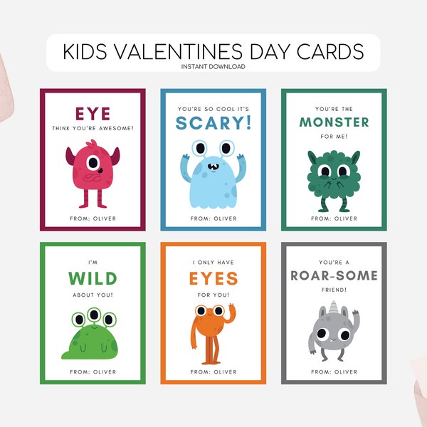 Kids Monster Valentines Day Cards, Printable Valentines Day Tags, Kid Monsters Valentines Cards, Friend Monster Vday Cards, Instant Download