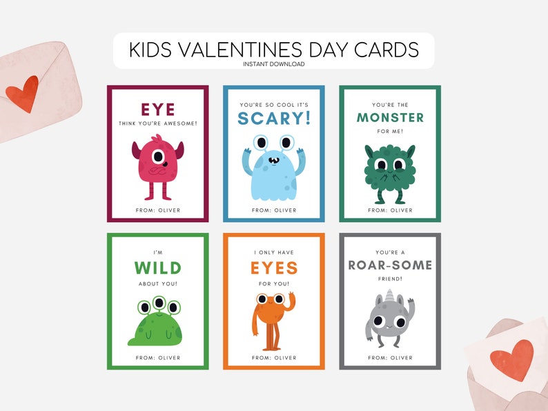 May include: Six printable Valentine's Day cards featuring colourful monster illustrations and cute messages. The cards say "Eye think you're awesome!" "You're so cool it's scary!" "You're the monster for me!" "I'm wild about you!" "I only have eyes for you!" and "You're a roar-some friend!"