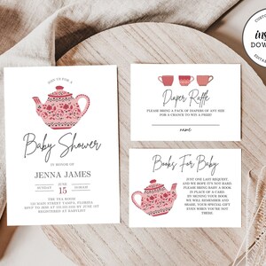 Tea Party Baby Shower Invitation, téléchargement immédiat, thé thème bébé fille inviter, texte modifiable, imprimable Tea Party Invitation ensemble