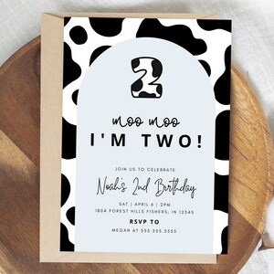 Moo Moo I&#39;m Two Birthday Invitation, Cow Second Birthday Invitation, Cow 2nd Birthday, Editable Template, Instant Download