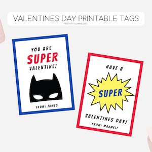 Kids Superhero Valentines Day Cards, Printable Super Hero Tags, Kid Vday Superhero Tag, Modern Hero Valentines, Editable Instant Download