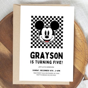 Modern Mickey Mouse Birthday Invitation, Disney Black and White Invite, Mickey Birthday Invite, Editable Template, Instant Download