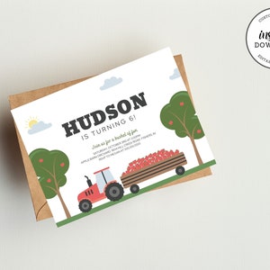 May include: Printable invitation for a 6th birthday party with a red tractor and apple theme. The invitation says "Hudson is turning 6!" and includes details about the party, including the date, time, and location.