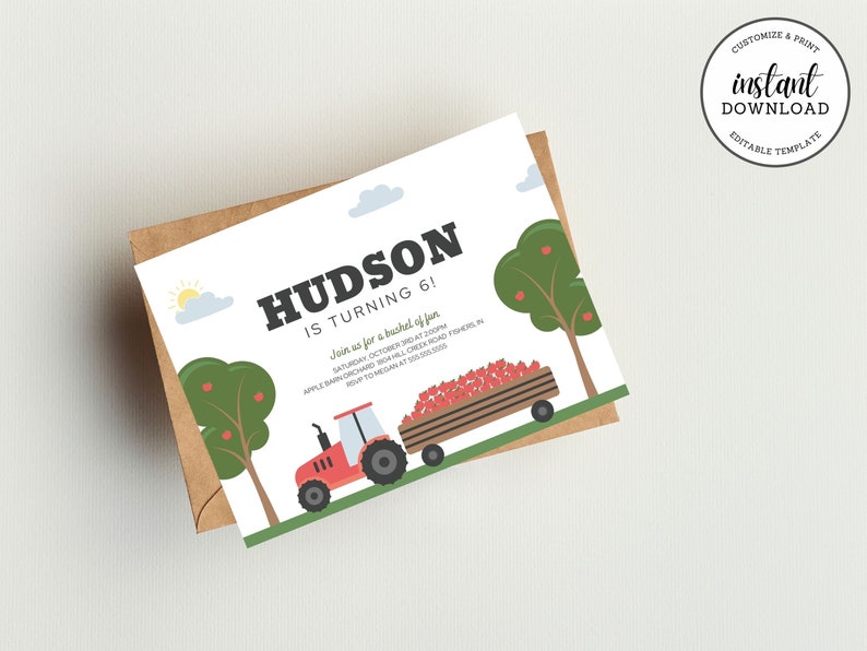May include: Printable invitation for a 6th birthday party with a red tractor and apple theme. The invitation says "Hudson is turning 6!" and includes details about the party, including the date, time, and location.