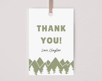 Ein glücklicher Camper Danke Tag, Camping erster Geburtstag Party Favor Tag, moderne Junge Camp Party Dekor, bearbeitbare Vorlage, sofortiger Download