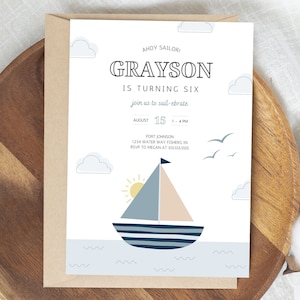 Sailboat Birthday Party Invitation, Nautical Birthday Party Invite, Anchors Away, Boat Birthday Party, Editable Invitation, Instant Download
