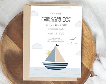 Sailboat Birthday Party Invitation, Nautical Birthday Party Invite, Anchors Away, Boat Birthday Party, Editable Invitation, Instant Download