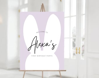 Signo de bienvenida del cumpleaños del conejito, algunas decoraciones de cumpleaños del conejito, primer cumpleaños del conejito, primer cumpleaños de la niña, plantilla editable, descarga instantánea