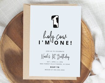 Holy Cow Birthday Invitation, Cow First Birthday Invitation, Holy Cow I'm One Invite, Farm 1st Birthday, Editable Template, Instant Download