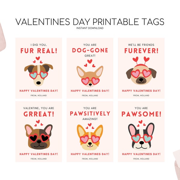 Kids Dog Valentines Day Cards, Printable Valentines Day Tags, Kid Vday Dog Tag, Modern Dog Valentines, Puppy Card, Editable Instant Download