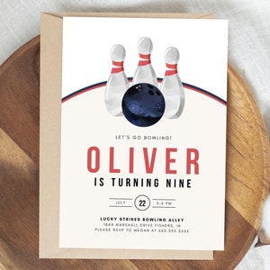 May include: Bowling-themed birthday invitation featuring a watercolor illustration of bowling pins and a ball. The invitation reads "Let's go bowling!" and includes the name "Oliver is turning nine." Details include the date, time, and location.