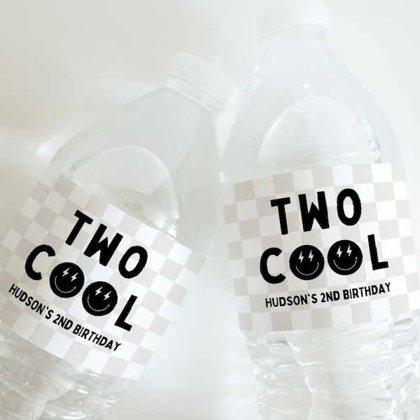 Two Cool Water Bottle Label, Boy Second Birthday Decor, Modern Two Cool Smiley Face Decorations, Editable Template, Instant Download