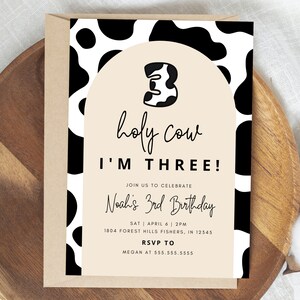 Holy Cow I&#39;m Three Birthday Invitation, Cow Third Birthday Invitation, Cow 3rd Birthday, Editable Template, Instant Download