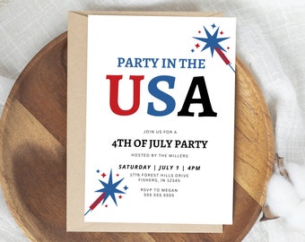 Invito alla festa negli Stati Uniti, invito alla festa del 4 luglio, invito al barbecue del 4 luglio, rosso bianco e blu, download immediato modificabile