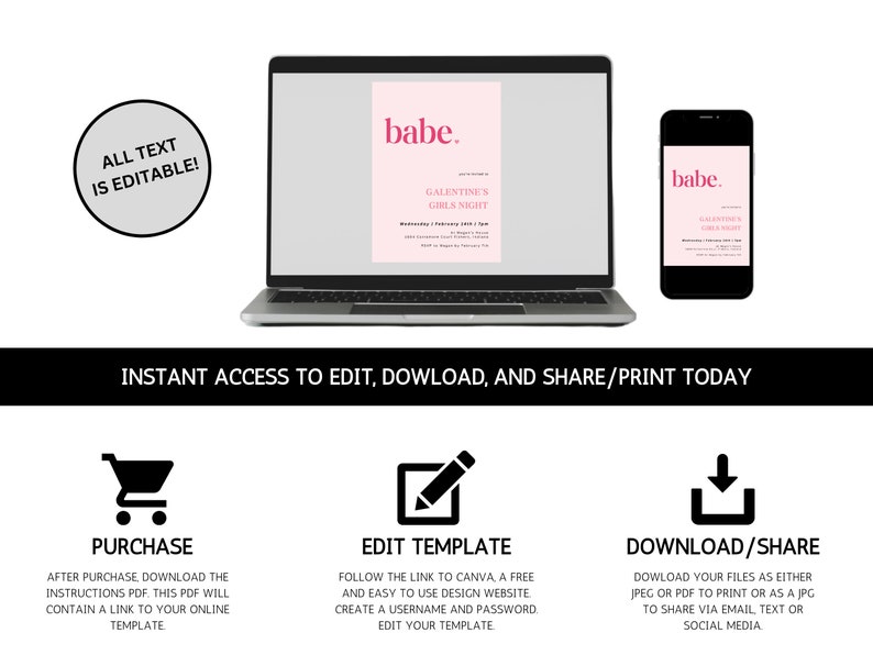 May include: A digital download for a printable invitation to a Galentine's Girls Night. The invitation is pink and white with the text "babe." and "Galentine's Girls Night" in a bold, sans-serif font. The invitation is available for instant download and can be edited and printed.