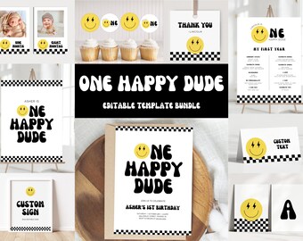 One Happy Dude Birthday Bundle, Boy 1st Birthday, Smiley Face Party Package, First Birthday, Editable Templates, Instant Download