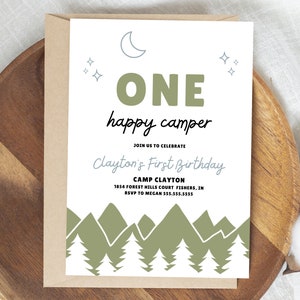 One Happy Camper Birthday Invitation, Camping First Birthday Party Invite, Modern Boy Camp Party, Editable Template, Instant Download