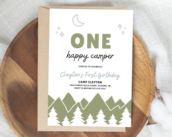 One Happy Camper Birthday Invitation, Camping First Birthday Party Invite, Modern Boy Camp Party, Editable Template, Instant Download