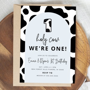 Twin Holy Cow Birthday Invitation, Cow First Birthday Invitation, Holy Cow We&#39;re One, Farm 1st Birthday, Editable Template, Instant Download