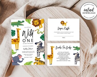Può includere: Invito per baby shower stampabile a tema giungla con una giraffa, una zebra, un leone, un serpente e un elefante. L'invito dice "A Little Wild One is on the Way". Ci sono anche delle schede stampabili per una lotteria di pannolini e una richiesta di libri.