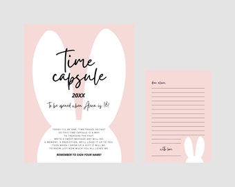Cápsula del tiempo del cumpleaños del conejito, algunas decoraciones de cumpleaños del conejito, algunas notas de memoria del cumpleaños del conejito, plantilla editable, descarga instantánea