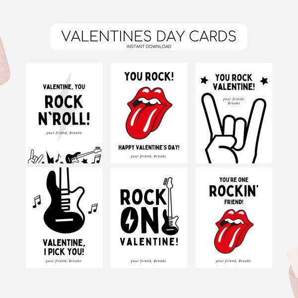 Rock and Roll Valentines Day Cards, Printable Valentine Tags, Kid Vday Rock N Roll Tag, Modern Rocker Valentines, Editable Instant Download