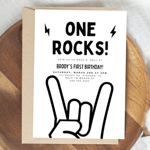 Invitation d'anniversaire Rock and Roll, One Rocks Party Invite, Rock N Roll, anniversaire de musique, Rolling Stones, modèle modifiable, téléchargement immédiat