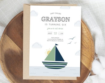 Sailboat Birthday Party Invitation, Nautical Birthday Party Invite, Anchors Away, Boat Birthday Party, Editable Invitation, Instant Download