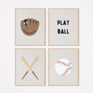 Baseball Gallery Wall Set of 4 Prints, Play Ball Wall Art, Monochrome Boy Nursery Decor, Kids Room, Sport Printable, Instant Download