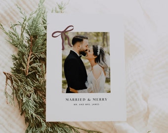Modern Holiday Photo Card Template, Married Christmas Card, Married and Merry Card, Holiday Photo Card, Editable Template, Instant Download